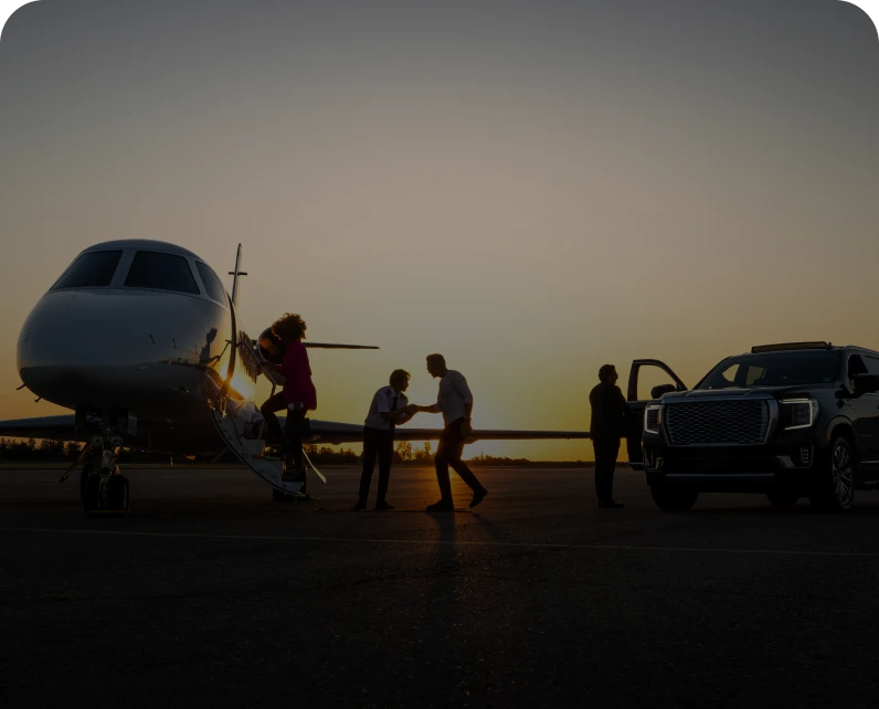 Private jet sunset arrival